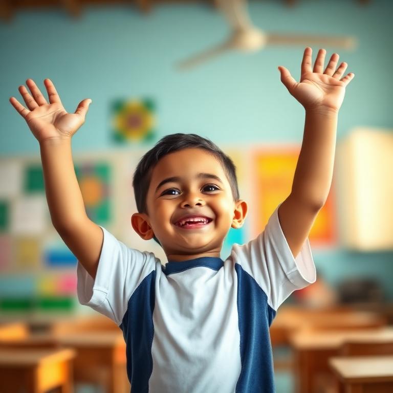 Criança sorrindo com os braços levantados em uma oficina do Projeto Renascer